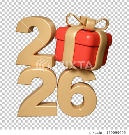 Golden 2026 numeral glimmering beside wrapped red gift box, adorned with shiny ribbon background on transparent golden 130099696