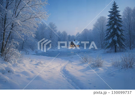 雪に覆われた静かな森の小屋：温かな光が灯る冬の風景 130099737