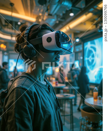 Woman Using Virtual Reality Headset in a Modern...のイラスト素材 [130099766 ...