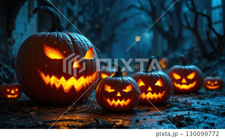 Spooky Halloween Scene with Glowing Jack-O'-Lanterns in a Creepy Forest. 130099772