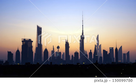 Doha City Skyline Landscape at Sunset With Iconic Architecture. 130099780