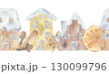 Gingerbread house border with spices. Festive watercolor illustration with traditional cookies, star anise, clove, cinnamon sticks, and dried orange slice. Perfect for Christmas, winter holiday design 130099796