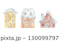 Watercolor gingerbread houses with icing. Set of isolated elements. Hand painted illustration. Perfect for Christmas, holiday design, winter decor, and festive cards 130099797