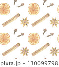 Watercolor spice seamless pattern with cinnamon, orange, anise and clove. Hand drawn illustration. Perfect for Christmas decor, autumn cozy design, mulled wine, and festive textile 130099798