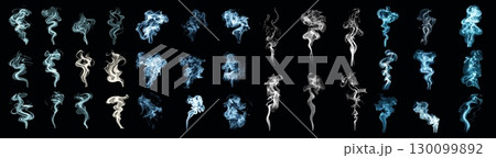 Smokes in darkness. Smoke steam set, swirl fog dust gas smell hot drink tea coffee food cigarette fume png vapour puff in black background cartoon realistic vector illustration 130099892