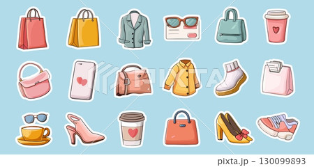 Shopping time stickers. Shopaholic items staff cartoon sticker pack, shop bag clothes shoes coffee cup mug glasses cash card women shoes sneakers jacket set vector illustration 130099893