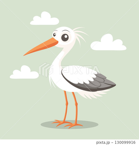 Cute baby stork on a background with clouds. Playful illustration, postcard. Cute baby stork on a background with clouds. Playful illustration, postcard. 130099916