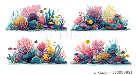 Cartoon ocean reefs. Sea reef corals border set, marine plants with tropical fish underwater seaweed aquarium weed algae undersea flowers water botany nature vector illustration Cartoon ocean reefs. Sea reef corals border set, marine plants with tropical fish underwater seaweed aquarium weed algae undersea flowers water botany nature vector illustration 130099951