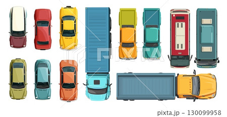 Cartoon cars top view. Different car traffic aerial views, truck pickup bus city transport passenger auto sedan yellow red vehicles vector illustration 130099958