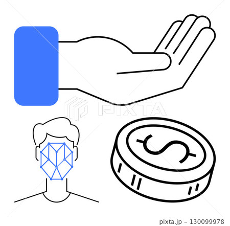 Hand open for giving or receiving, facial recognition grid on a head, and a dollar coin. Ideal for finance, biometrics, digital identity, payments, charity technology privacy themes. Line metaphor Hand open for giving or receiving, facial recognition grid on a head, and a dollar coin. Ideal for finance, biometrics, digital identity, payments, charity technology privacy themes. Line metaphor 130099978