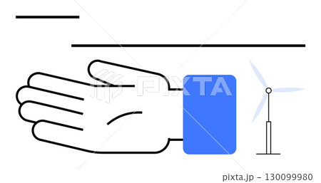 Hand with blue sleeve extended towards wind turbine generating electricity. Ideal for energy, sustainability, innovation, clean technology, ecology, environmental protection, green energy. Line 130099980