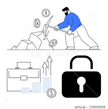 Man mining cryptocurrency with a pickaxe, currency symbols Dollar, Pound, Euro, documents increasing profits, stacked coins, and a security lock. Ideal for finance, investment cryptocurrency 130099989