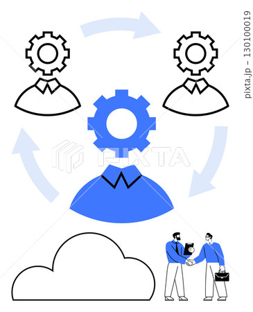 Gear-headed team members interconnected with arrows, cloud icon, two businessmen shaking hands. Ideal for business strategies, partnerships, team dynamics, technology integration, cloud services Gear-headed team members interconnected with arrows, cloud icon, two businessmen shaking hands. Ideal for business strategies, partnerships, team dynamics, technology integration, cloud services 130100019