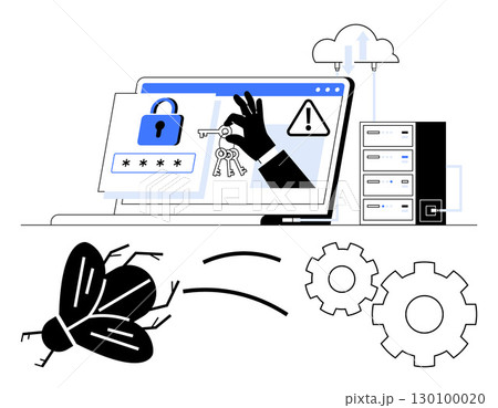 Laptop displays lock and keys, warning signs, server in background, bug and gears in foreground. Ideal for cybersecurity topics, data protection, network security, IT support, software development 130100020