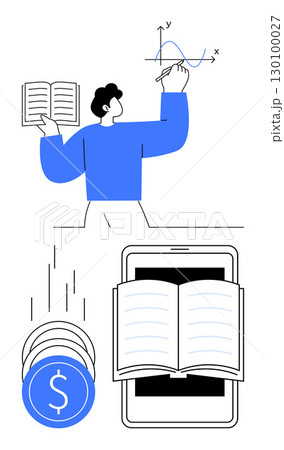 Person writing graph on whiteboard, open book in hand. Tablet with open book, coins falling alongside. Line metaphor. Simple line icons 130100027