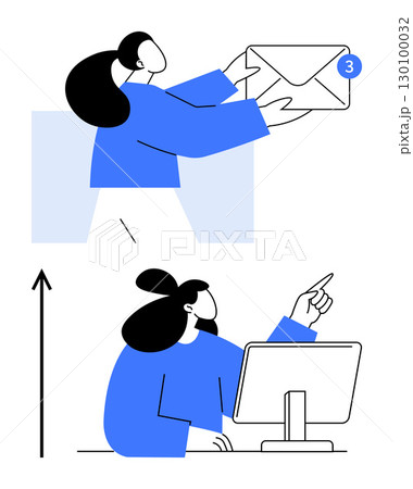 Characters interacting envelope notifications pointing at screen. Ideal for teamwork, productivity, digital communication, task management, efficiency, collaboration, workflow. Line metaphor Characters interacting envelope notifications pointing at screen. Ideal for teamwork, productivity, digital communication, task management, efficiency, collaboration, workflow. Line metaphor 130100032