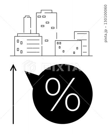 City skyline and upward arrow emphasize urban growth economic rise real estate market trends, finance, investment, and progress. Ideal for business, economics, urban planning, real estate. Line 130100060