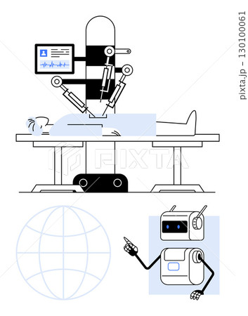 Robotic surgeon operates on a patient lying on a table, monitored by a medical display. Humanoid robot below, globe symbol. Ideal for healthcare, robotics, technology, innovation, medicine, future Robotic surgeon operates on a patient lying on a table, monitored by a medical display. Humanoid robot below, globe symbol. Ideal for healthcare, robotics, technology, innovation, medicine, future 130100061
