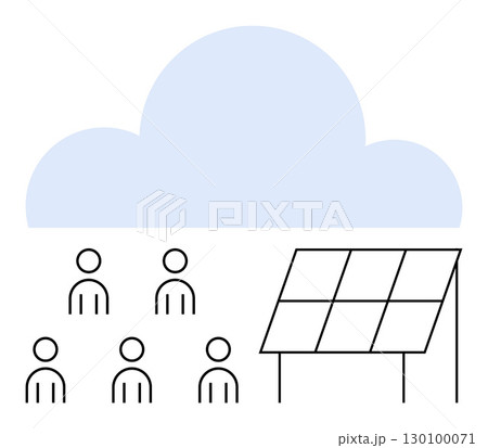 Cloud symbol six human figures, solar panel. Ideal for renewable energy, cloud technology, sustainability, community projects, solar power, green energy, innovation. Line metaphor Cloud symbol six human figures, solar panel. Ideal for renewable energy, cloud technology, sustainability, community projects, solar power, green energy, innovation. Line metaphor 130100071