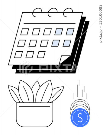 Calendar with highlighted dates, a potted plant, and coins. Ideal for finance, productivity, time management, investments, deadlines organization financial growth. Line metaphor Calendar with highlighted dates, a potted plant, and coins. Ideal for finance, productivity, time management, investments, deadlines organization financial growth. Line metaphor 130100085