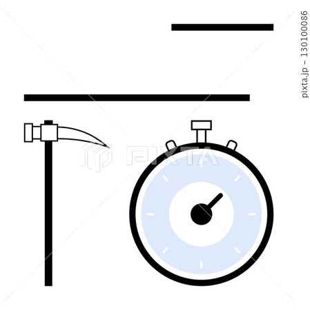 Pickaxe intersecting stopwatch with horizontal bars above and below. Ideal for mining, time management, work efficiency, productivity, labor, industry, and measurement. Line metaphor 130100086