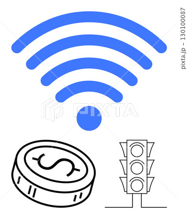 wireless signal symbol above coin with dollar sign and traffic light. Ideal for finance, technology, internet, wireless communication, smart cities, network control, online transactions. Connectivity 130100087