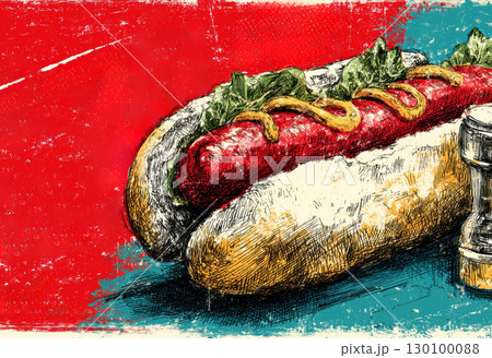 Sketch poster advertising fresh tasty hot dog. 130100088