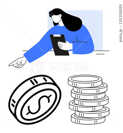 Professional woman pointing while holding clipboard coin and stack of coins symbolize financial planning. Ideal for finance, investment, business strategy, saving, accounting, consulting, education 130100089