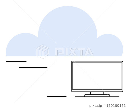Desktop monitor beneath large cloud represents internet storage. Ideal for cloud computing, data storage, online services, digital workflow, technology innovations, IT infrastructure, remote work 130100151