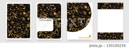 Halloween doodle vector set, hand drawn cartoon elements, vertical posters, spooky backgrounds for social media, poster templates, party invitations, ghost, pumpkin, witch hat, doodle pattern 130100256