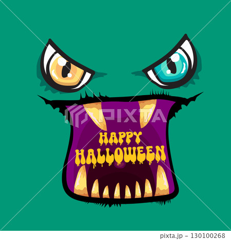 Funny zombie character vector illustration with big eyes and open mouth showing rotten teeth, Happy Halloween text inside, green skin, yellow letters, party invitation, poster, greeting card design Funny zombie character vector illustration with big eyes and open mouth showing rotten teeth, Happy Halloween text inside, green skin, yellow letters, party invitation, poster, greeting card design 130100268