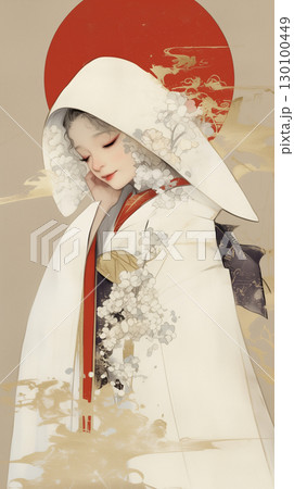 微笑む女性が描かれた上品な和風壁紙イラスト。淡い色彩と落ち着いたトーンが調和し、和柄の繊細な魅力 130100449