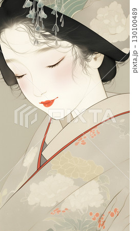 微笑む女性が柔らかい色合いで描かれた和風壁紙イラスト。繊細なデザインと上品な雰囲気が融合 130100489