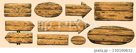 Set of different wooden frame signs, Arrow and directional boards, posts or banners, rustic 130100632