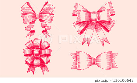 Ribbon gift bow in hand drawn, engraving style. Collection of decorative holiday elements for Ribbon gift bow in hand drawn, engraving style. Collection of decorative holiday elements for 130100645