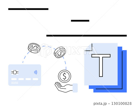 Credit card interacting with hand and dollar coins, blue documents with large T. Ideal for finance, digital payments, banking, transactions, online shopping, financial apps. Line metaphor 130100828