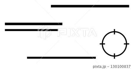 Black lines of varying lengths and thicknesses and a circular target symbol arranged on a plain background. Ideal for tech designs, business presentations, branding, logo creation, digital art Black lines of varying lengths and thicknesses and a circular target symbol arranged on a plain background. Ideal for tech designs, business presentations, branding, logo creation, digital art 130100837
