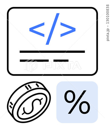 Coding symbols inside a window, coin with dollar sign, and percentage symbol represent the intersection of programming and finance. Ideal for technology, finance, startups, investments, fintech Coding symbols inside a window, coin with dollar sign, and percentage symbol represent the intersection of programming and finance. Ideal for technology, finance, startups, investments, fintech 130100838