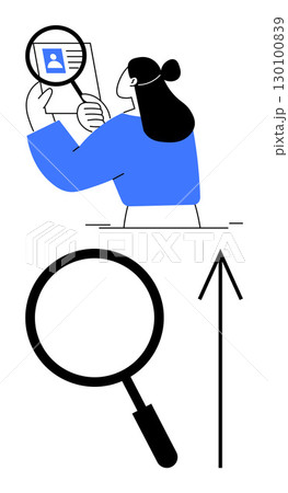 Woman carefully examines a document using a magnifying glass. Large magnifying glass and upward arrow below. Ideal for research, inspection, analysis, growth, progress, scrutiny, and development 130100839