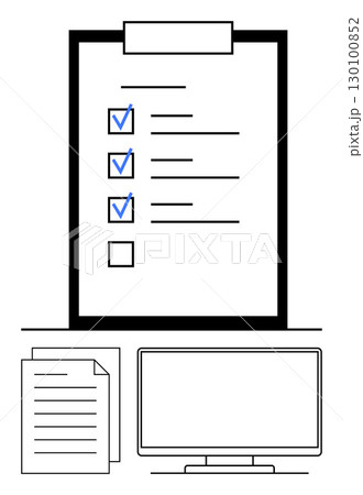 Digital checklist with marked tasks on a clipboard. Accompanied by blank checkbox, document pages, and computer monitor. Ideal for productivity tools, task management, office jobs, organization, goal 130100852