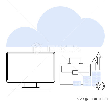 Computer monitor and business briefcase with financial growth arrows and money stacks under a blue cloud. Ideal for finance, business growth, investment, cloud services, data storage, financial 130100854