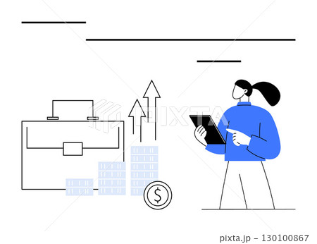 Woman holding a tablet, pointing at screen. Nearby, briefcase, ascending arrow graphs, stacks of coins, and dollar sign coin. Ideal for business finance investment growth analysis planning. Line 130100867