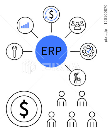 Central blue ERP circle connected to icons for finance, human resources, manufacturing, analytics, and tools. Additional icons show dollar symbol and workforce. Ideal for business integration 130100870