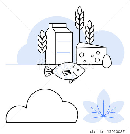 Fish, cheese, milk, wheat, egg with abstract cloud and flower. Ideal for nutrition, healthy eating, agriculture food industry diet plans wellness farm products. Line metaphor Fish, cheese, milk, wheat, egg with abstract cloud and flower. Ideal for nutrition, healthy eating, agriculture food industry diet plans wellness farm products. Line metaphor 130100874