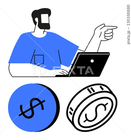Man working on laptop, pointing forward. Circular currency icon with slash and coin with dollar sign. Ideal for financial services, digital economy, business marketing, investment concepts, online Man working on laptop, pointing forward. Circular currency icon with slash and coin with dollar sign. Ideal for financial services, digital economy, business marketing, investment concepts, online 130100880
