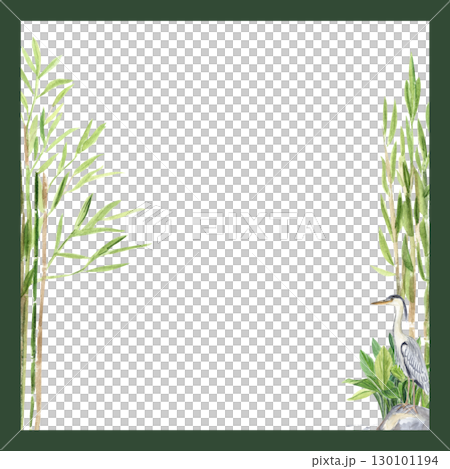 Bamboo plants and heron bird. Minimalist watercolor card template. Asian frame with space for text, perfect for invitations, greeting cards, wedding stationery, spa branding, posters, natural eco 130101194