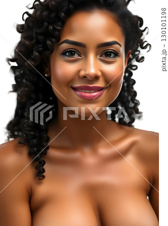カールヘアと輝く肌を持つ笑顔の女性、自信に満ちた表情とスタジオライティングによる明るい印象 130101198