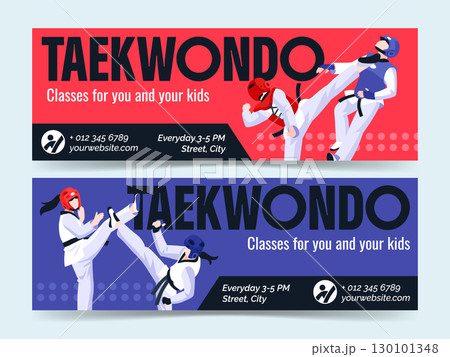 Isometric Illustrations of Taekwondo Classes Horizontal Banner Set 130101348