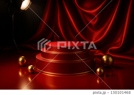 Red velvet curtains with circular podium illuminated by symmetrical golden lighting. 130101468