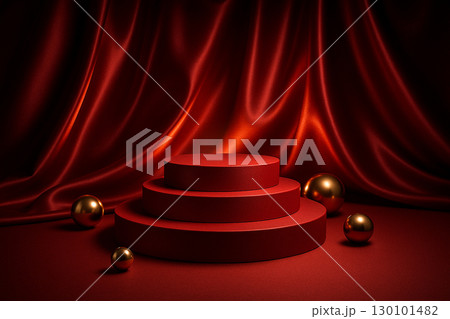 Symmetrical red velvet curtain background with spotlight on elegant circular podium 130101482